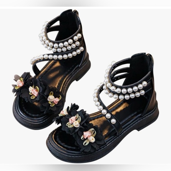Girls’ Size 28 (approx. US Kids 10.5–11) Black Pearl Flower Sandals | New - Picture 2 of 7